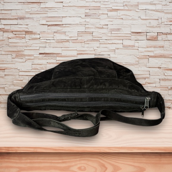 Black Suede Double Zip Crossbody Hobo Bag with Adjustable Strap - Picture 3 of 3